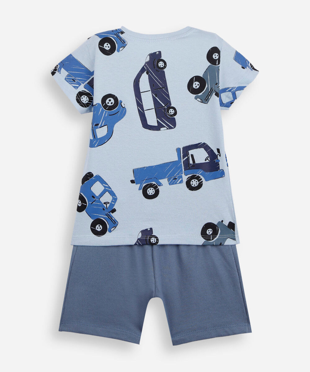 conjunto curto infantil de algodão carrinhos azul