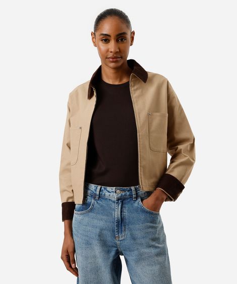 jaqueta feminina de sarja gola cotelê bege