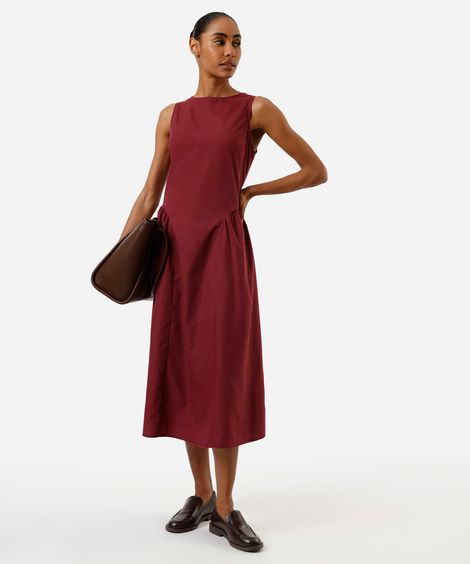 vestido midi feminino decote redondo com franzidos vinho