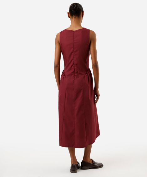 vestido midi feminino decote redondo com franzidos vinho