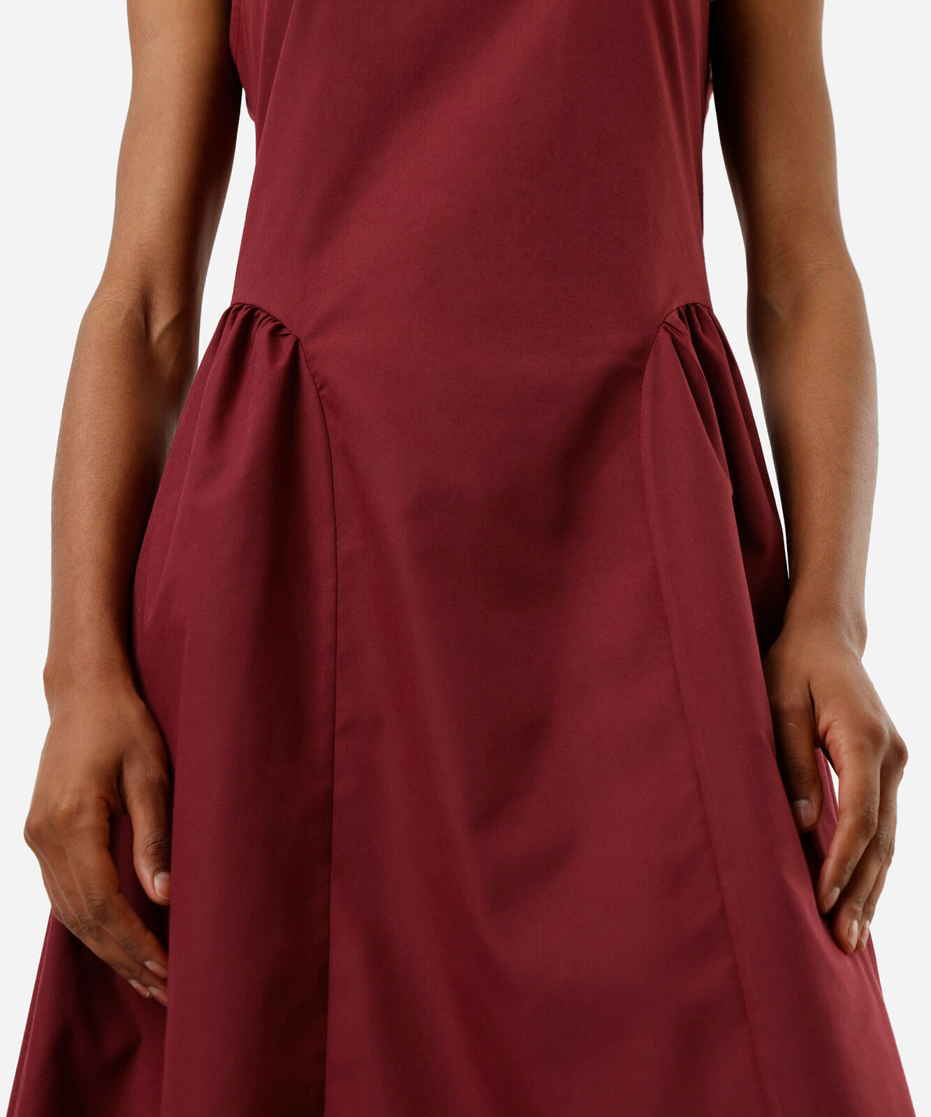 vestido midi feminino decote redondo com franzidos vinho