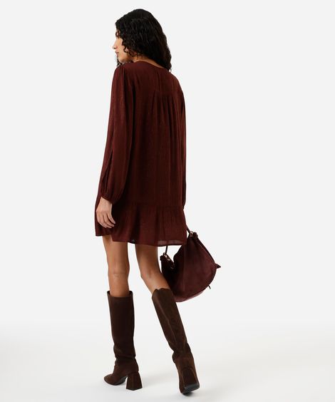 vestido bata curto feminino com lurex e bordado floral marrom