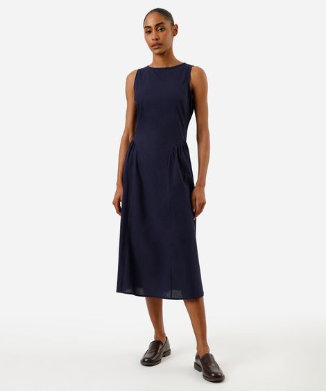 vestido midi feminino decote redondo com franzidos azul