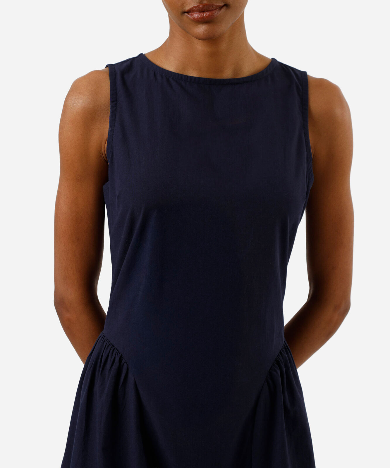 vestido midi feminino decote redondo com franzidos azul