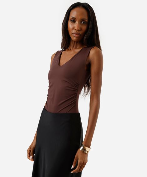 body feminino de poliamida decote v marrom