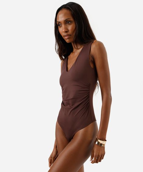 body feminino de poliamida decote v marrom