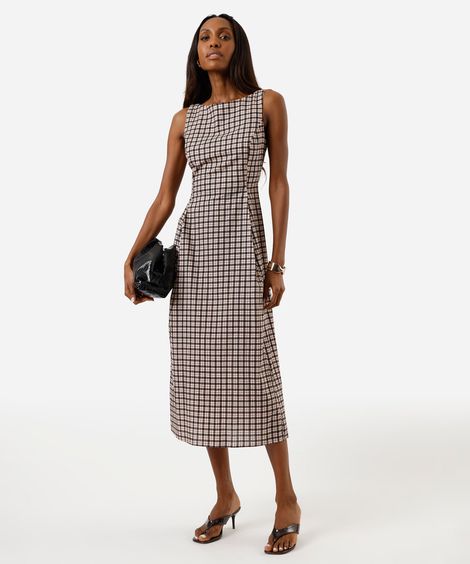 vestido midi feminino de algodão xadrez bege