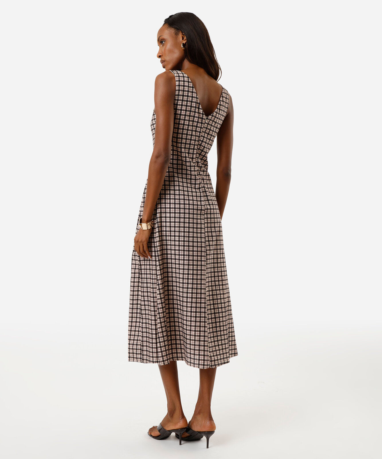 vestido midi feminino de algodão xadrez bege