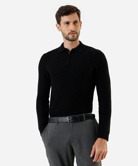 polo masculina de tricot manga longa com zíper preto