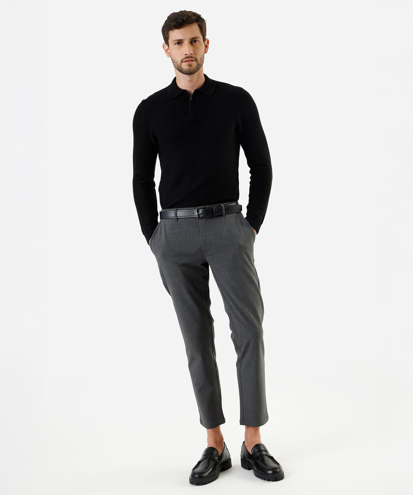 polo masculina de tricot manga longa com zíper preto