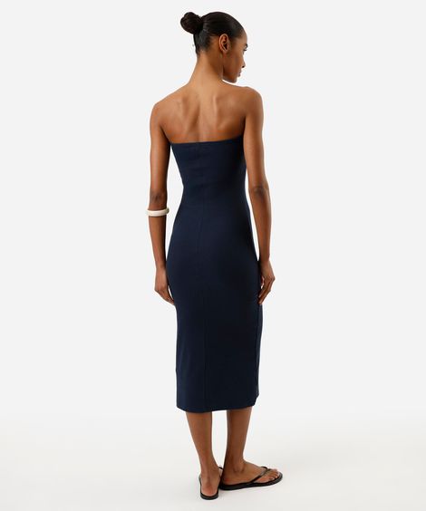 vestido midi sem alça canelado feminino de algodão azul