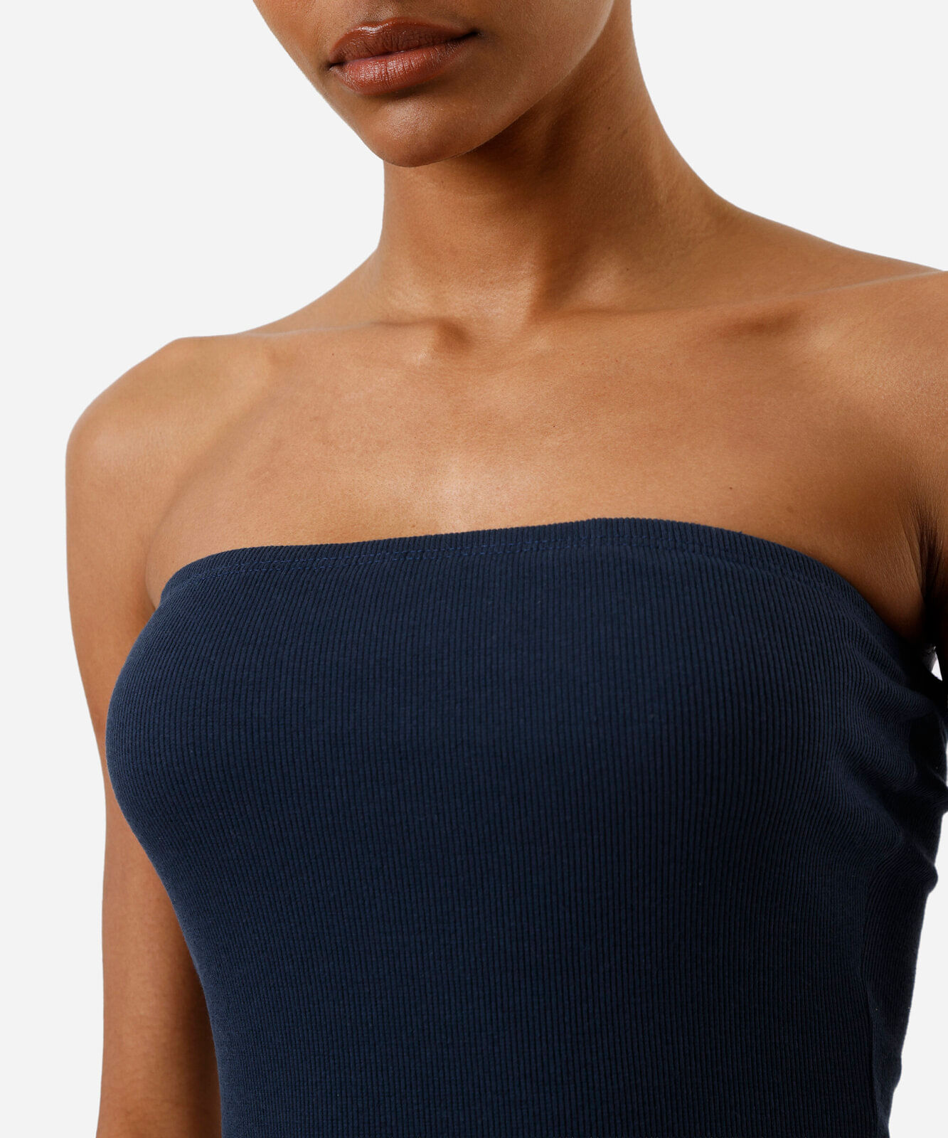 vestido midi sem alça canelado feminino de algodão azul