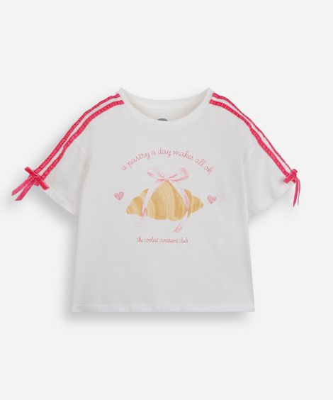 camiseta infantil de algodão manga curta com lacinho off white