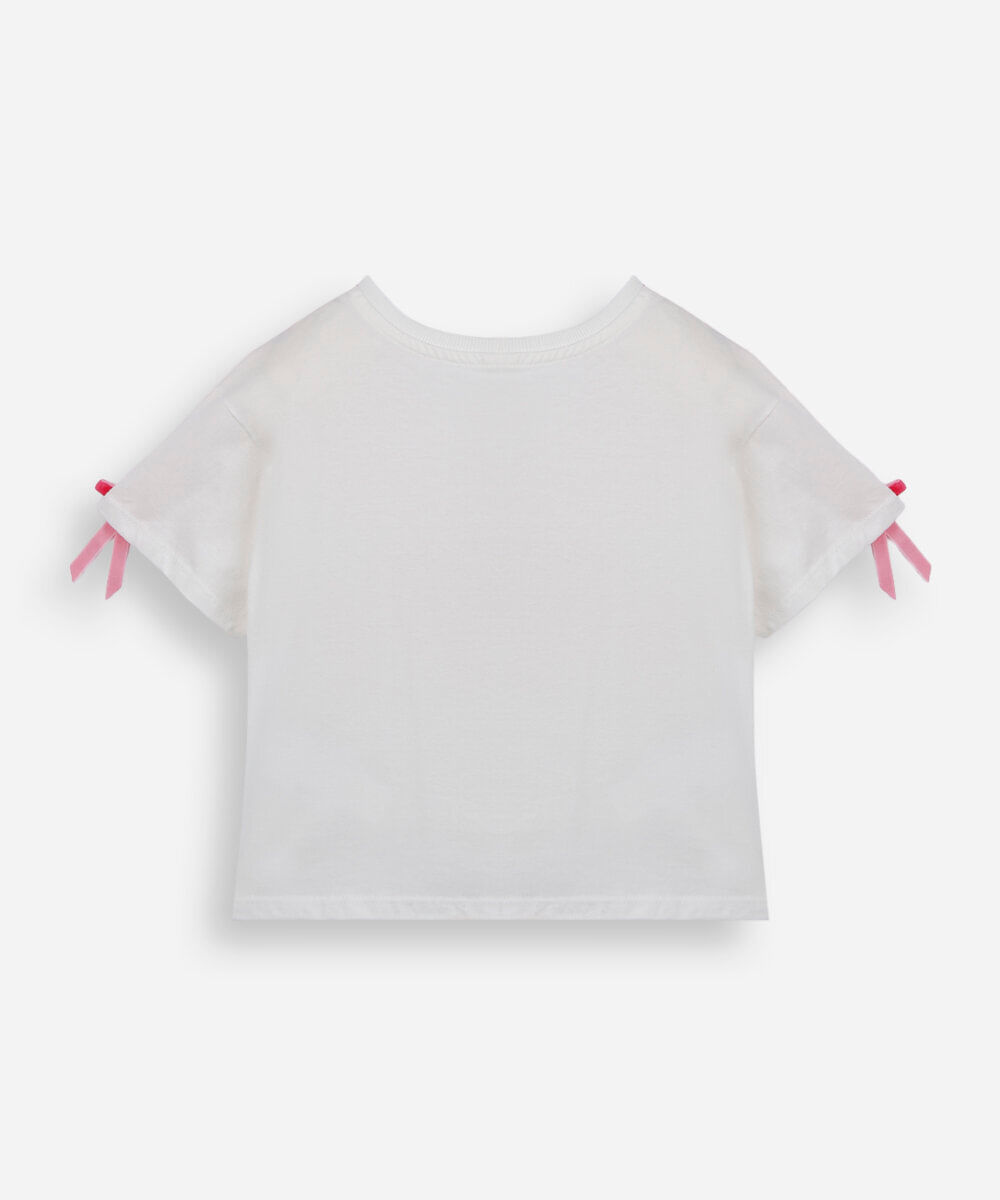 camiseta infantil de algodão manga curta com lacinho off white
