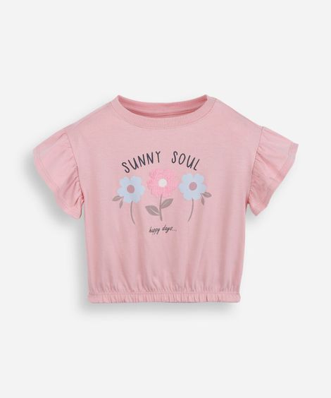 camiseta infantil manga babado floral rosa