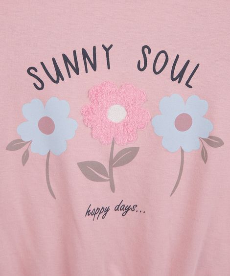 camiseta infantil manga babado floral rosa