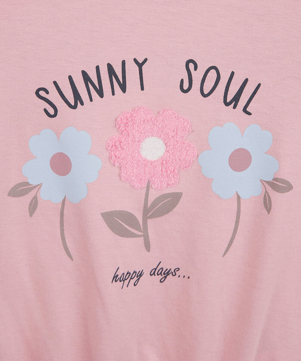 camiseta infantil manga babado floral rosa