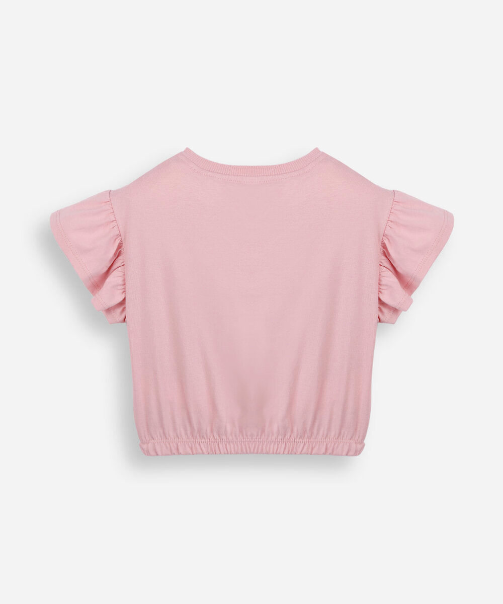 camiseta infantil manga babado floral rosa