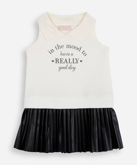 vestido infantil de moletom cavado e saia plissada off white