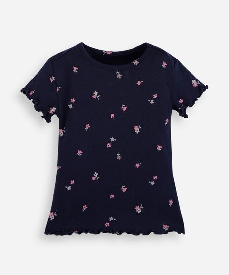 camiseta infantil de algodão manga curta floral azul