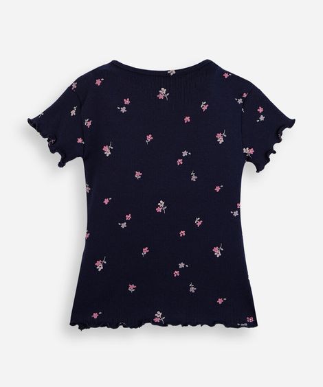 camiseta infantil de algodão manga curta floral azul