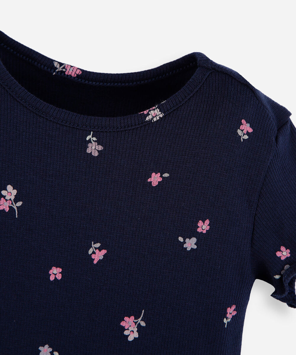 camiseta infantil de algodão manga curta floral azul
