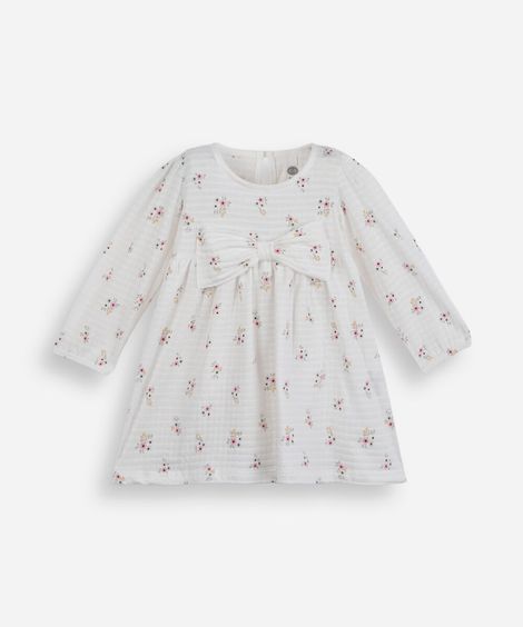 vestido midi infantil com laço manga bufante floral off white