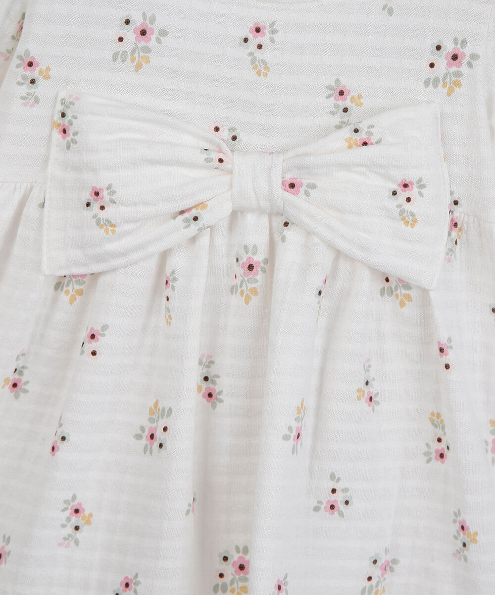 vestido midi infantil com laço manga bufante floral off white