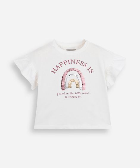 camiseta infantil manga curta arco íris com paetê off white