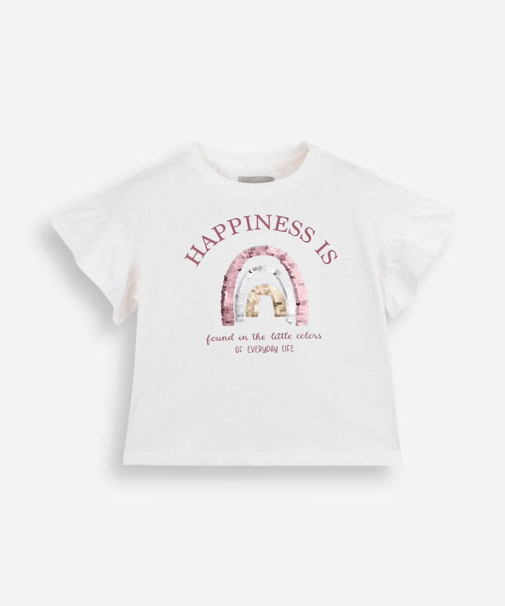 camiseta infantil manga curta arco íris com paetê off white
