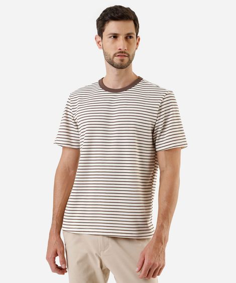 camiseta masculina com algodão manga curta listrada texturizada marrom