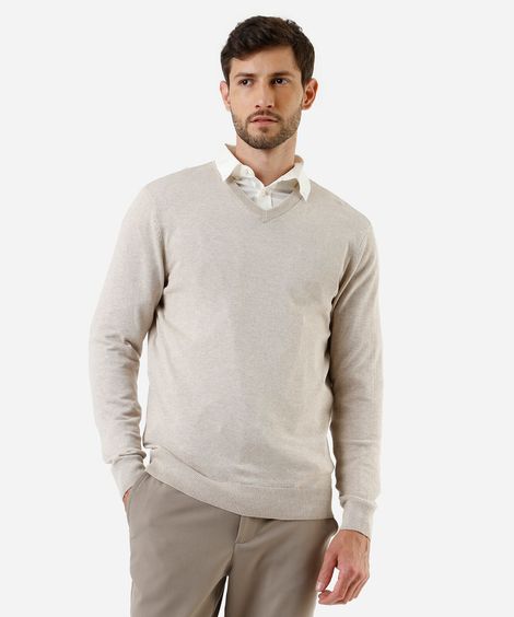 suéter masculino de tricot gola v bege