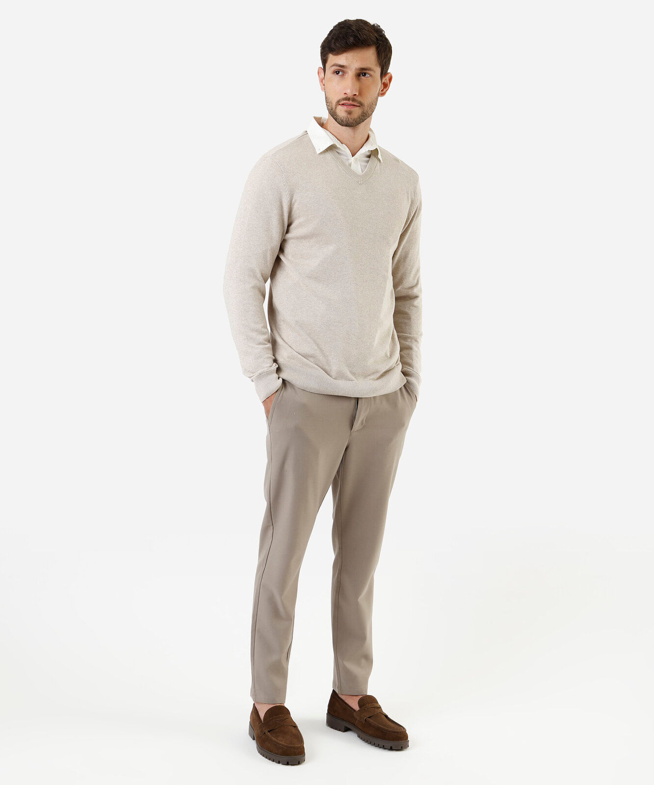 suéter masculino de tricot gola v bege