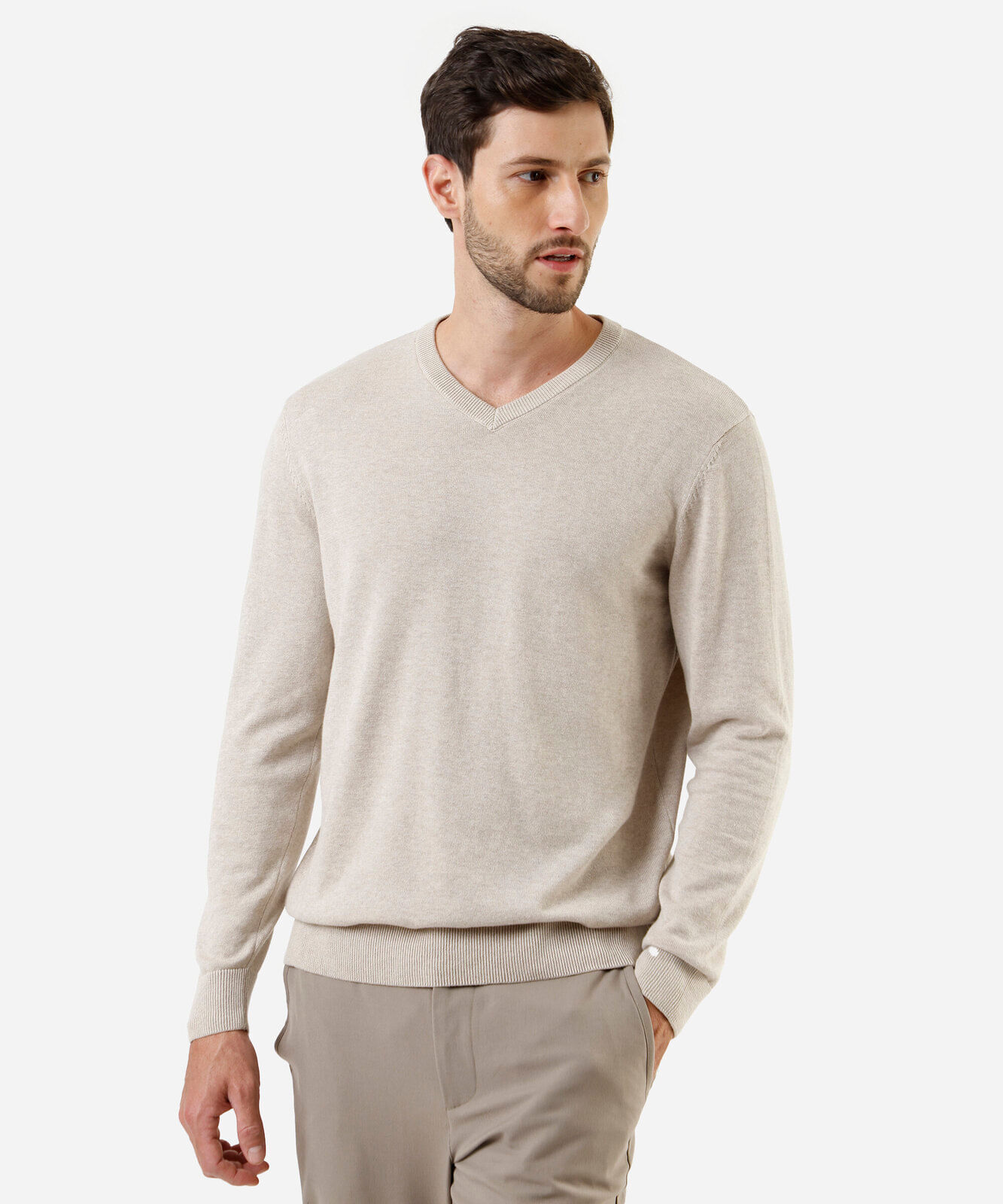 suéter masculino de tricot gola v bege
