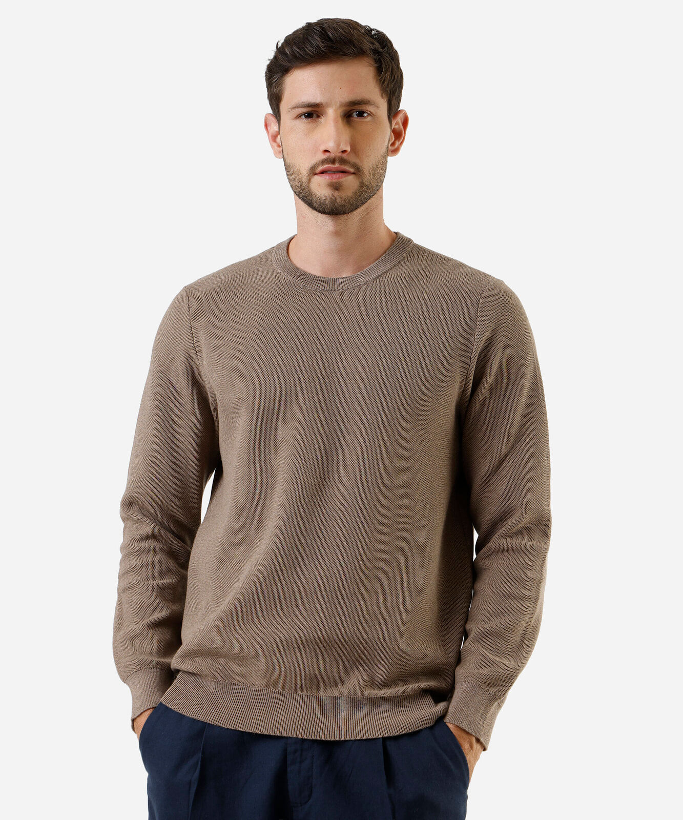 suéter masculino de tricot gola redonda manga longa bege
