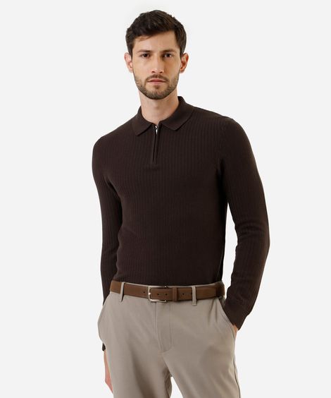 polo masculina de tricot manga longa com zíper marrom