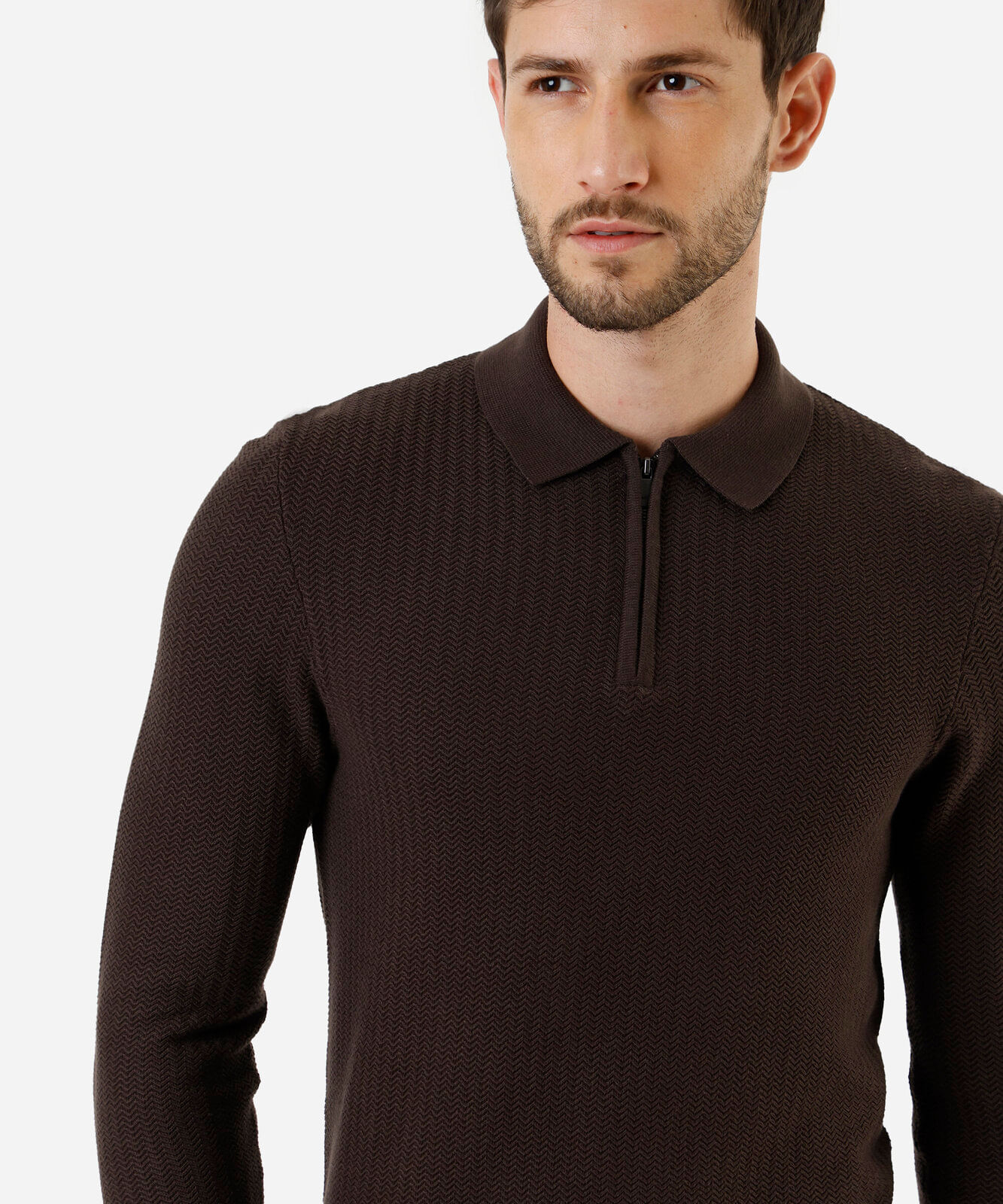 polo masculina de tricot manga longa com zíper marrom