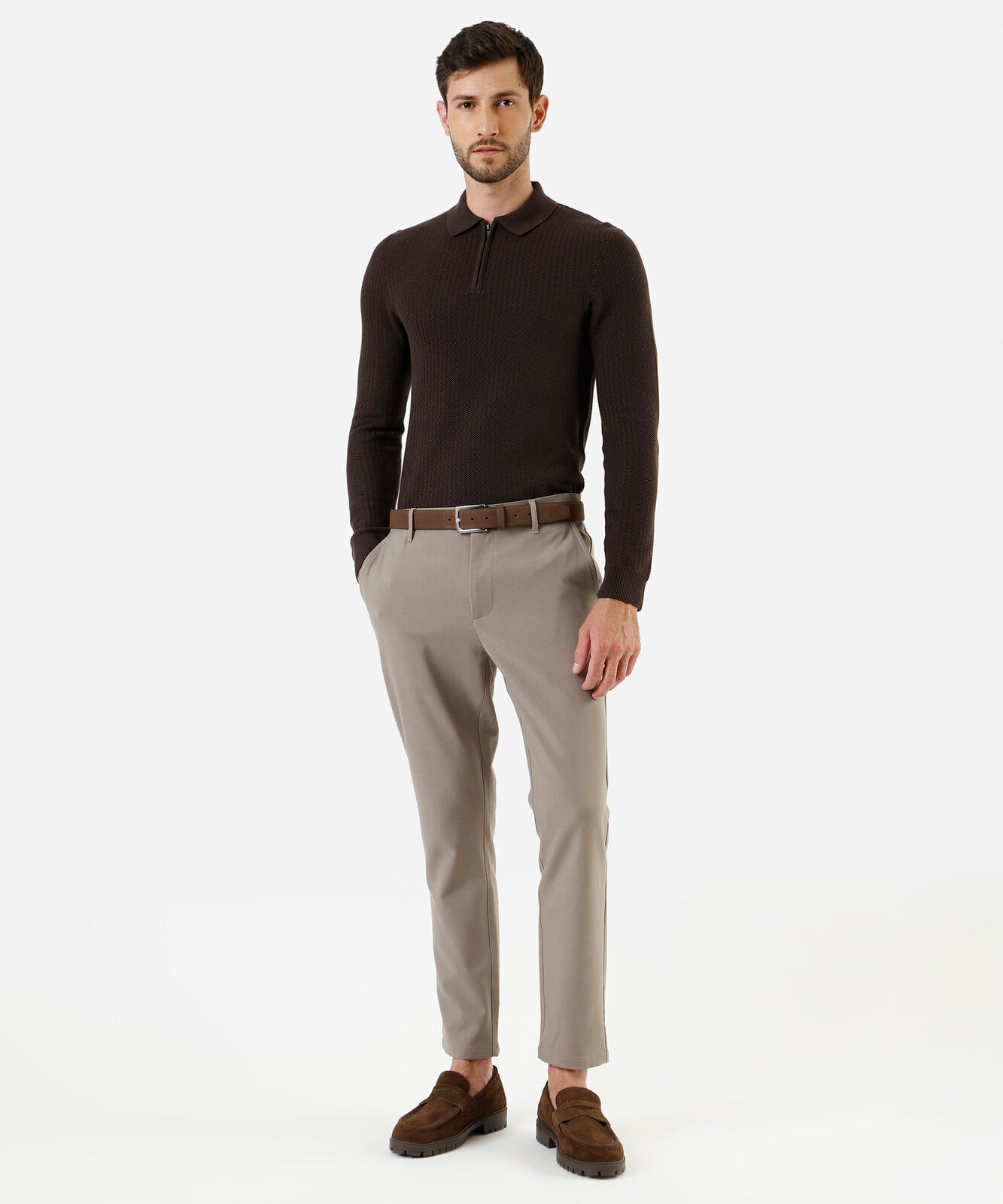 polo masculina de tricot manga longa com zíper marrom
