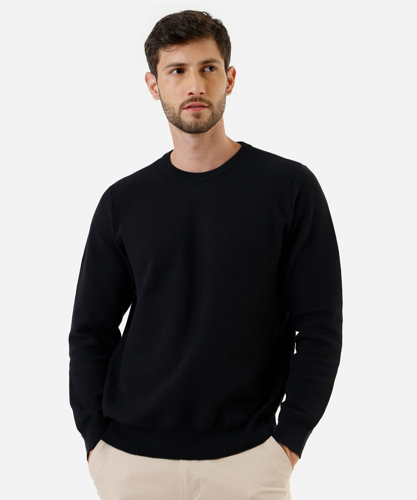 suéter masculino de tricot gola redonda manga longa preto