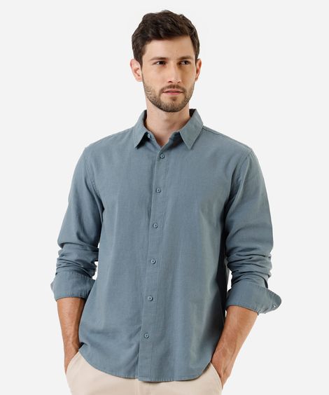 camisa manga curta linho com algodão azul