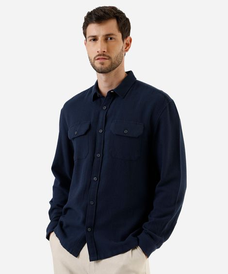 camisa masculina de algodão manga longa texturizada azul