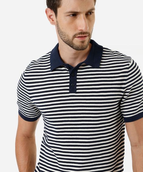 polo masculina de algodão listrada manga curta azul