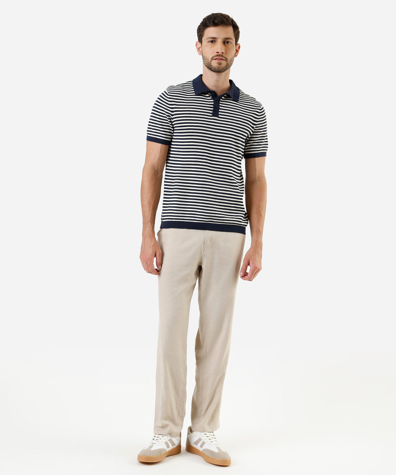 polo masculina de algodão listrada manga curta azul