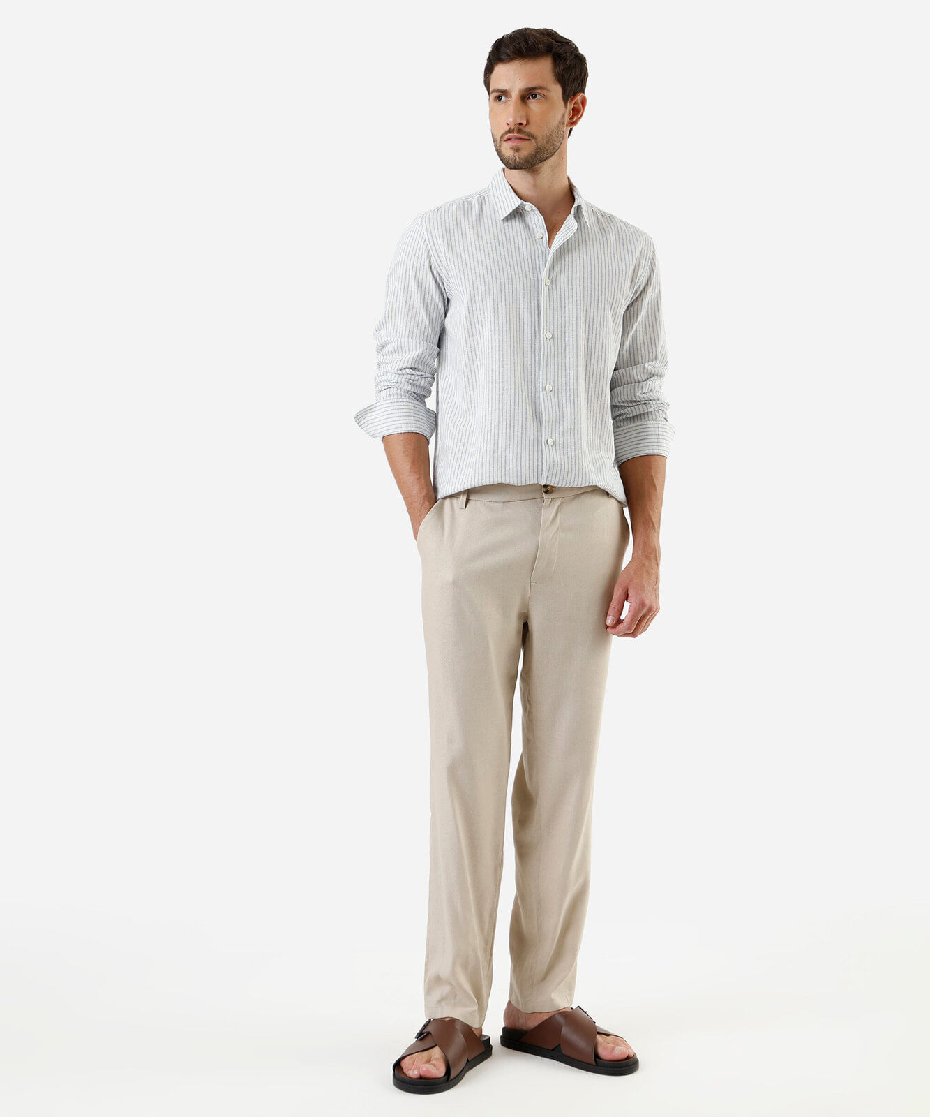 camisa masculina com linho manga longa listrada branco