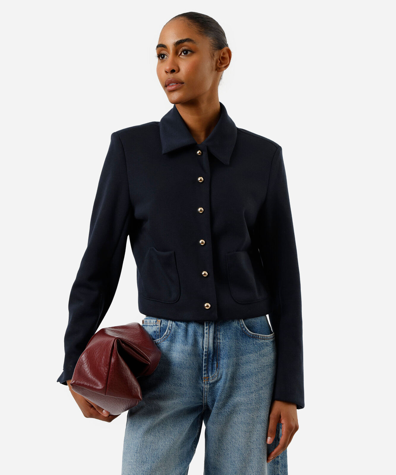 jaqueta feminina com bolsos azul