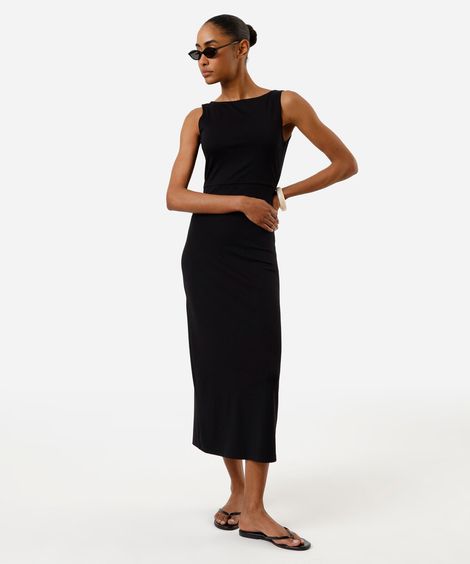 vestido midi feminino decote costas com fenda preto