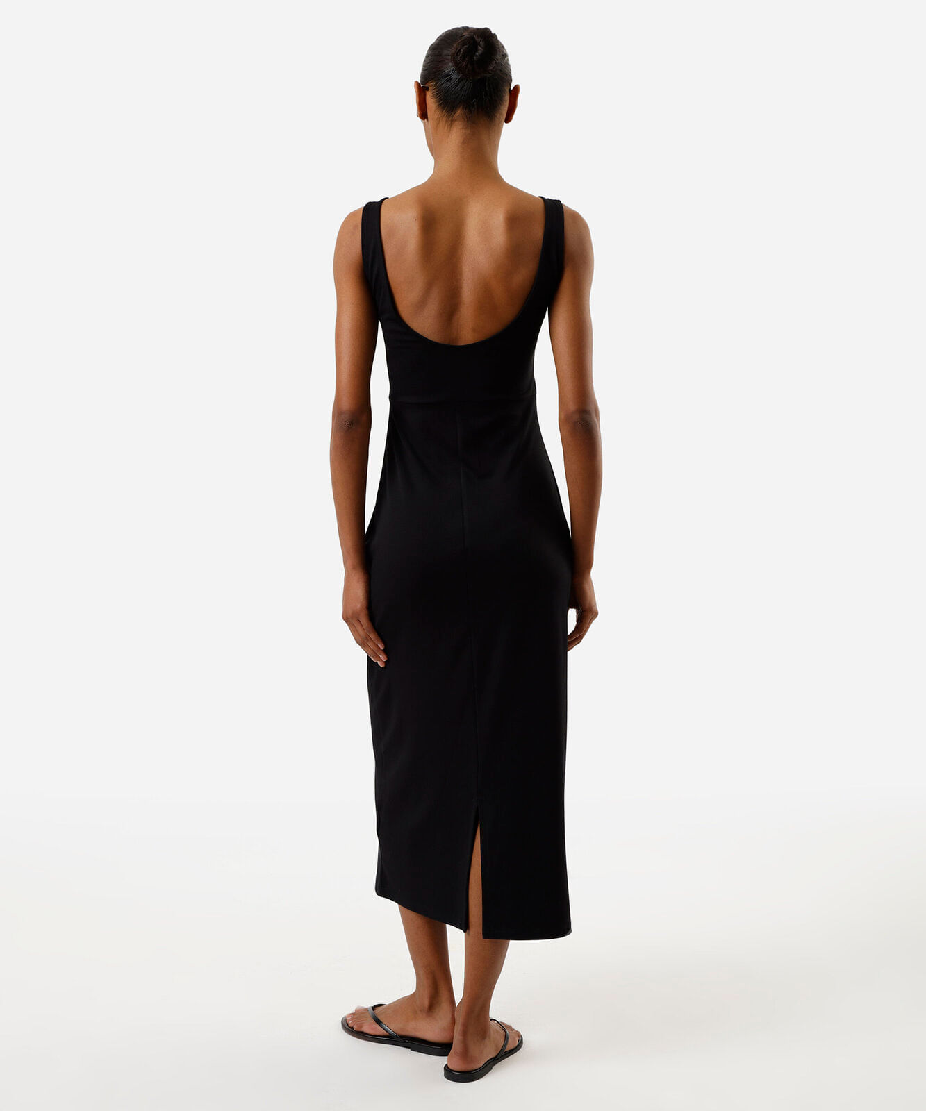 vestido midi feminino decote costas com fenda preto
