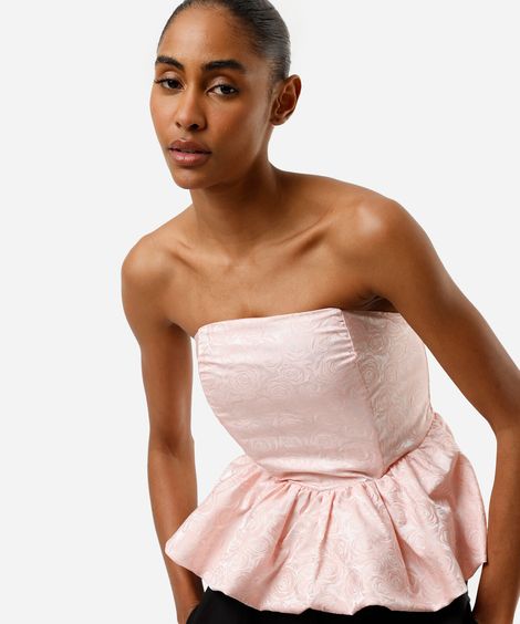 blusa peplum feminina de jacquard sem alça  floral rosa