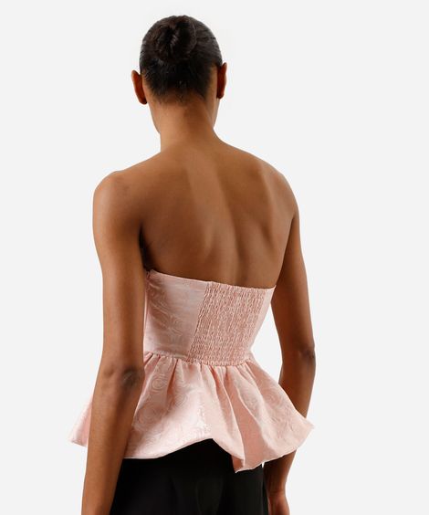 blusa peplum feminina de jacquard sem alça  floral rosa