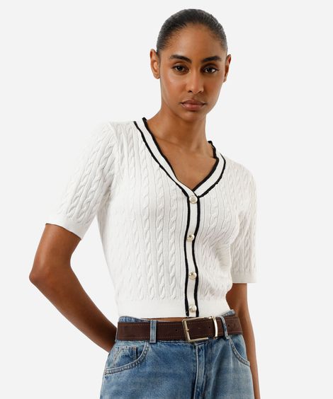 blusa feminina tricot manga curta texturizada off white
